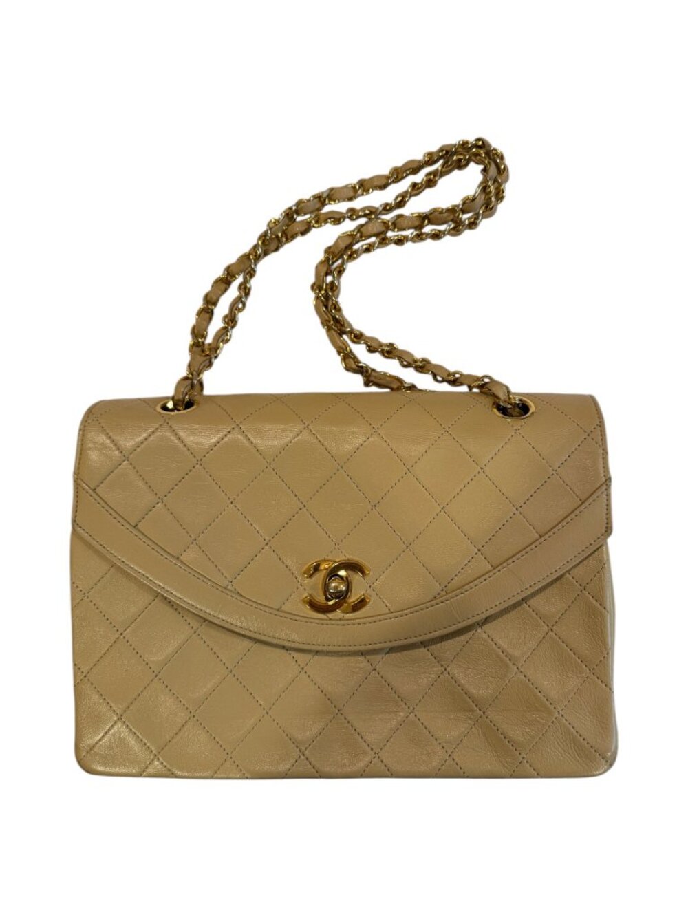 Chanel Quilted Leather Handbag Beige Gold Chain Shoulder Bag
